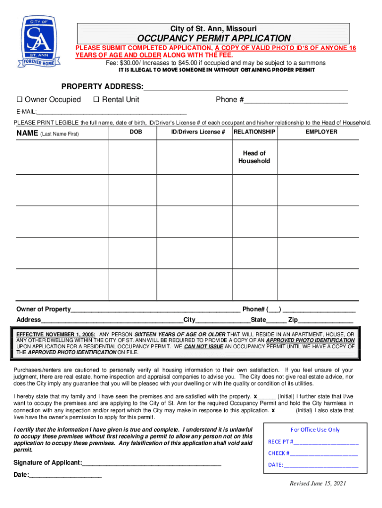 Mo Occupancy Permit City  Form