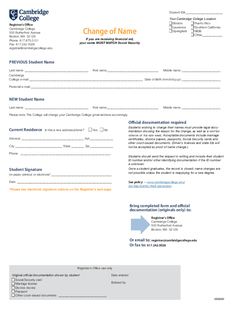 Boston Cambridgecollege EdusitesdefaultStudent ID# Cambridge College 500 Rutherford Avenue Change of  Form