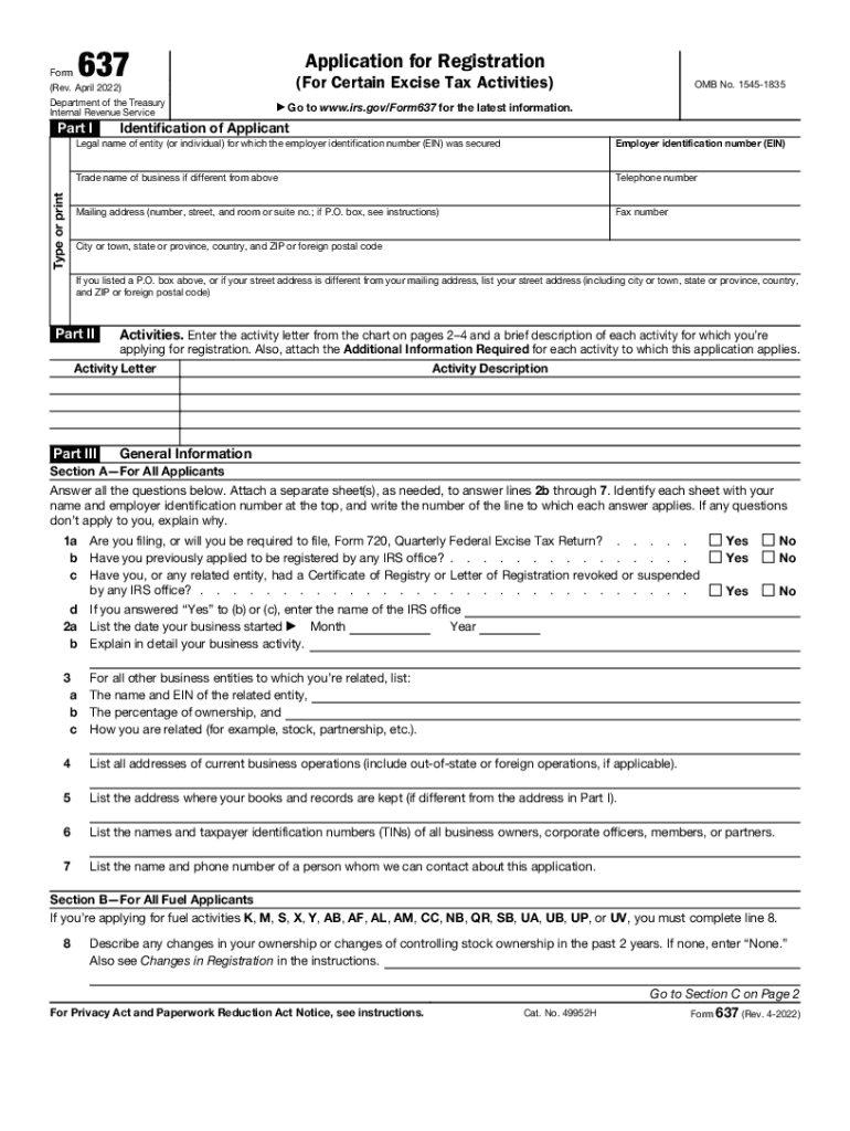 Form 637 Rev April Application for Registration for Certain Excise Tax Activities