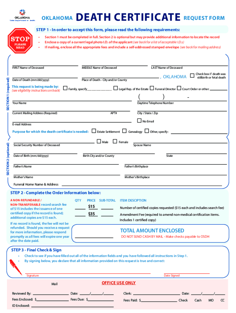 Fillable Online Oklahoma Death Certificate Request Form 2018-2025