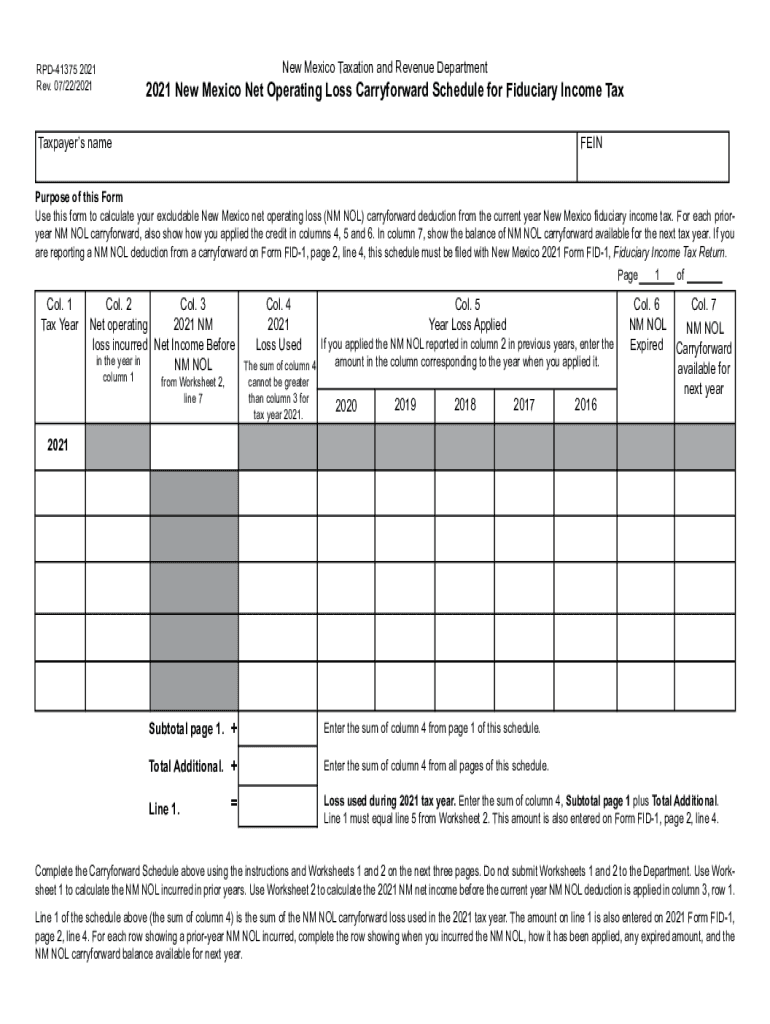  New Mexico Net Operating Loss Carryforward Schedule for 2020