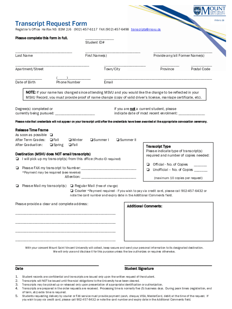 PDF Transcript Request Form Mount Saint Vincent University