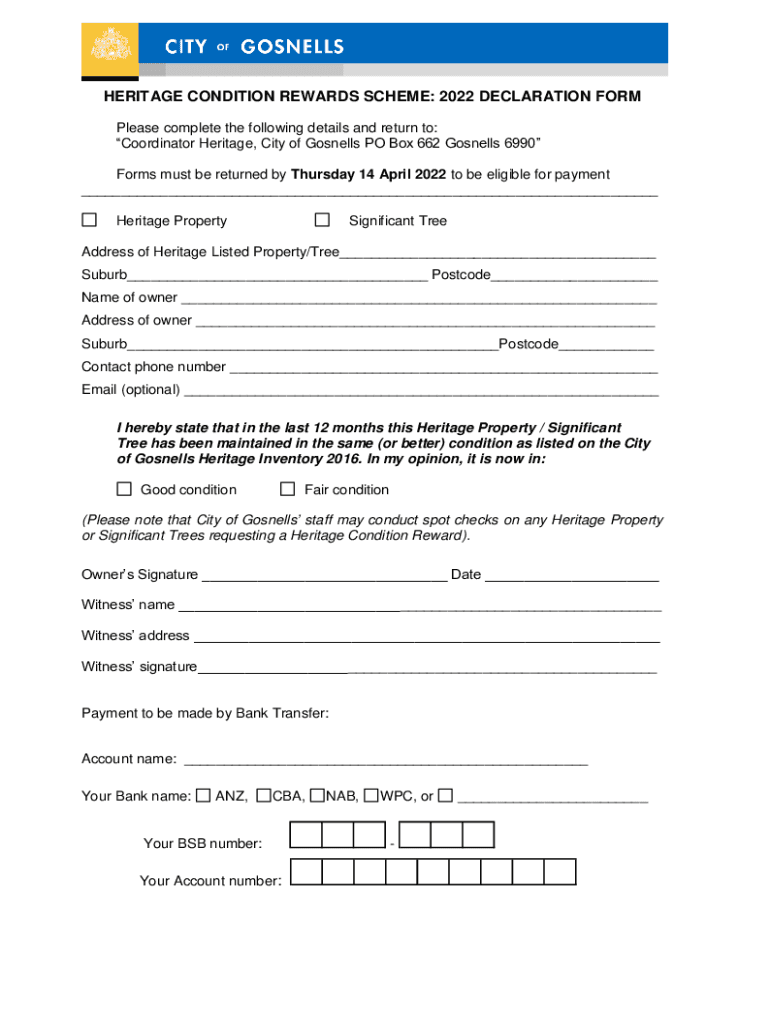 HERITAGE CONDITION REWARDS SCHEME DECLARATION FORM
