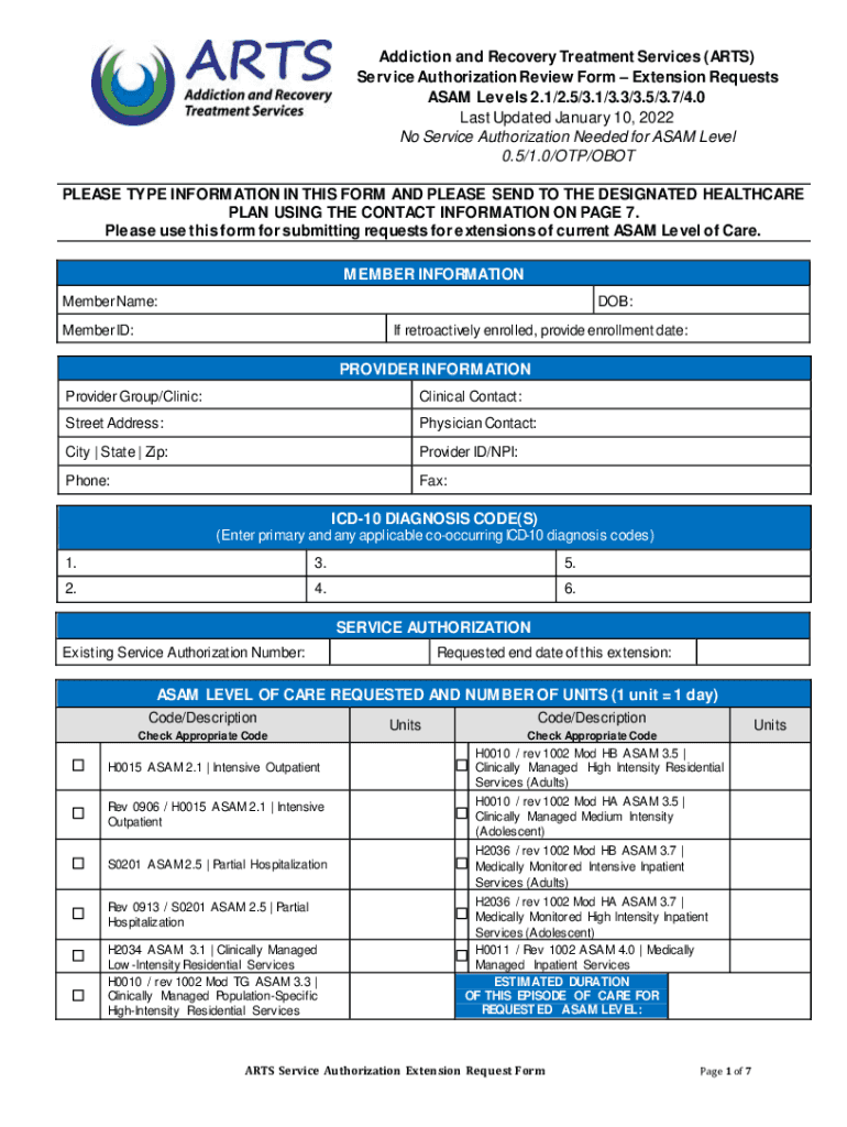 Addiction and Recovery Treatment Services ARTS Service Authorization Review Form Extension Requests