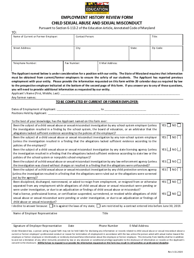  MD the GreenMount School Employment History Review Form 2020-2024