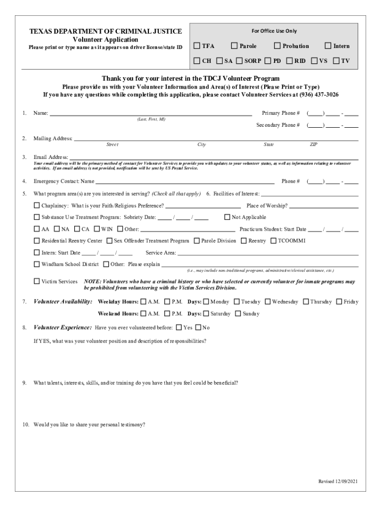 Tdcj Volunteer  Form
