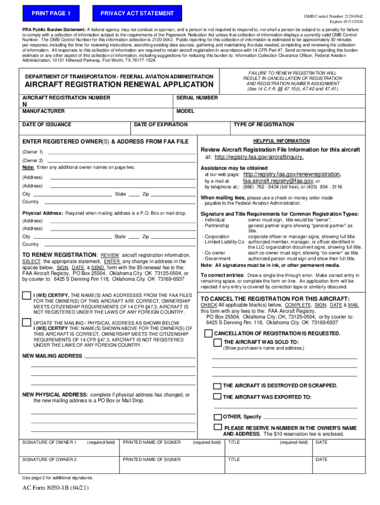 Aircraft Registration Renewal Application  Form