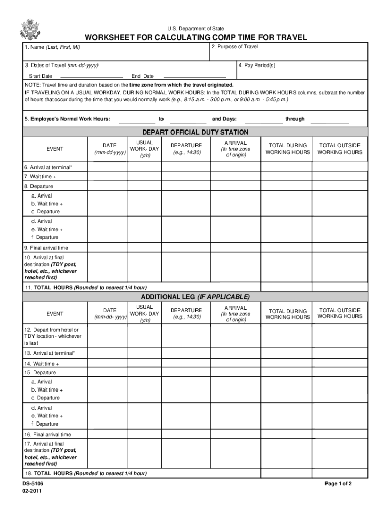 DS 5106 Worksheet for Caclulating Comp Time for Travel  Form