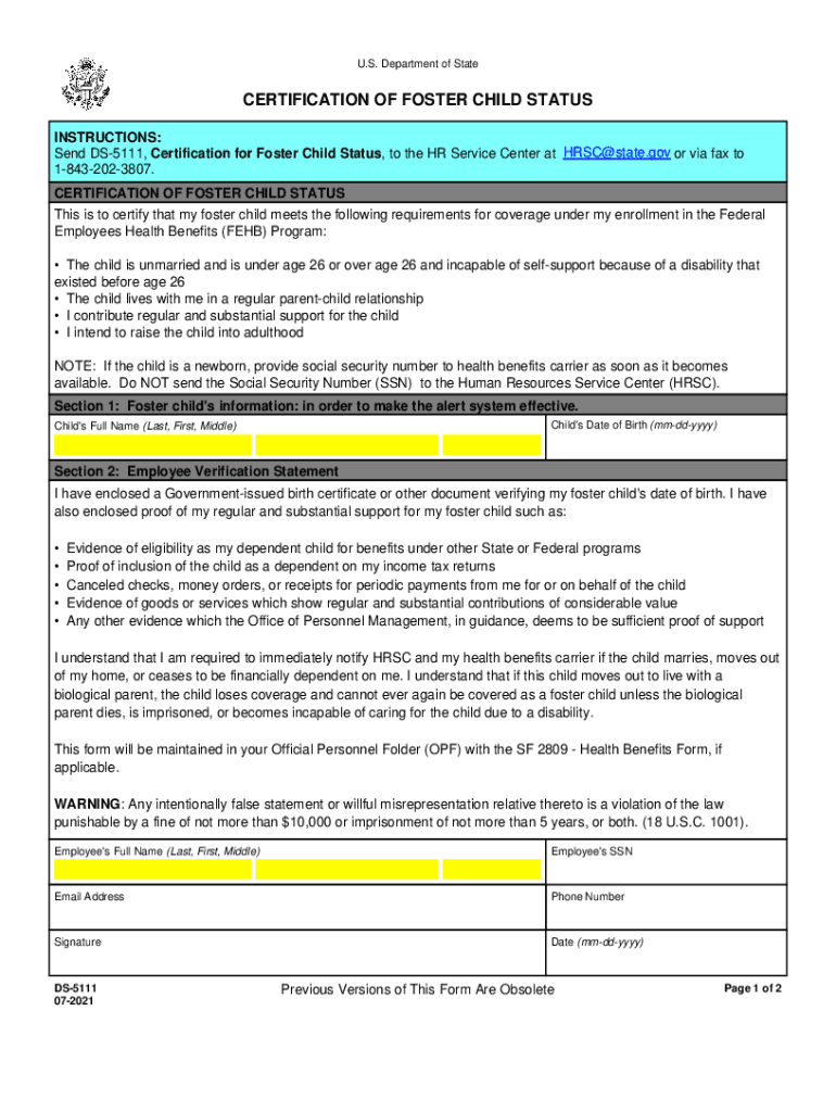 Eforms State GovFormsds5111CERTIFICATION of FOSTER CHILD STATUS Eforms State Gov