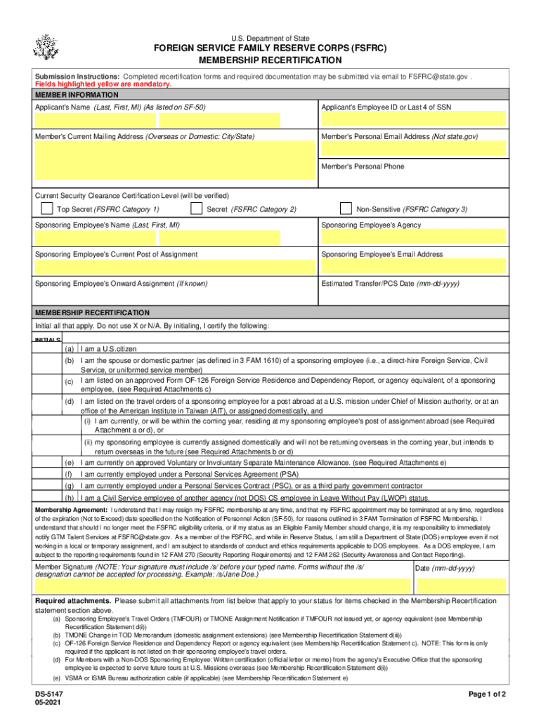 Foreign Service Family Reserve Corps  Form