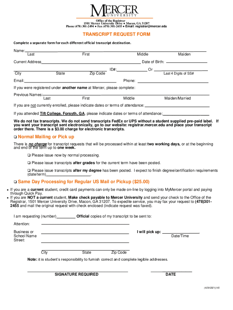  Mercer University Transcript Request 2021-2024