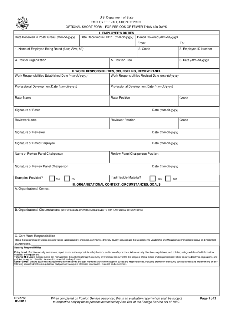 Eforms State GovFormsds7768U S Department of State EMPLOYEE EVALUATION REPORT OPTIONAL