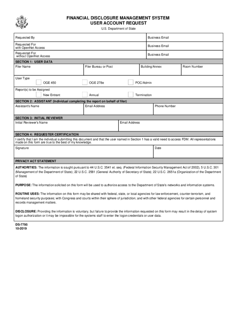 FINANCIAL DISCLOSURE MANAGEMENT SYSTEM USER ACCOUNT REQUEST  Form