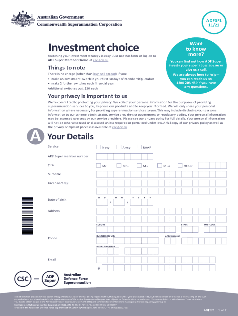ADF Super Investment Choice Form ADF Super Investment Choice Form