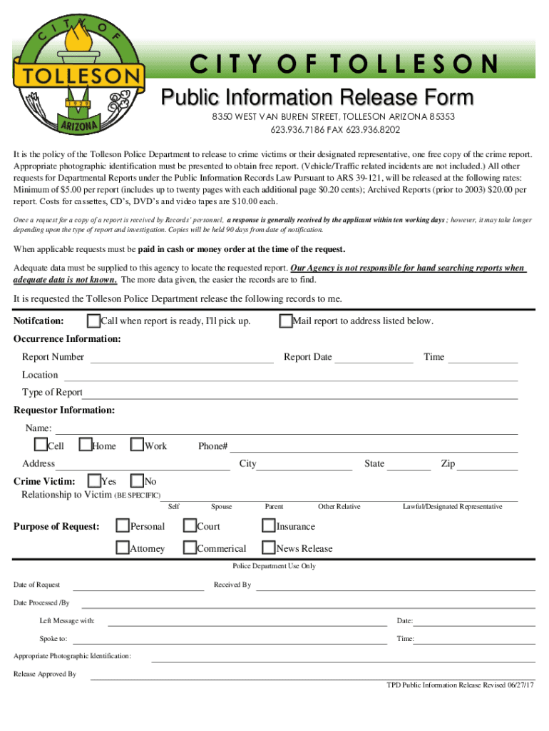 Www Mapquest ComusarizonaTolleson Police Department 8350 W Van Buren St Tolleson, AZ  Form