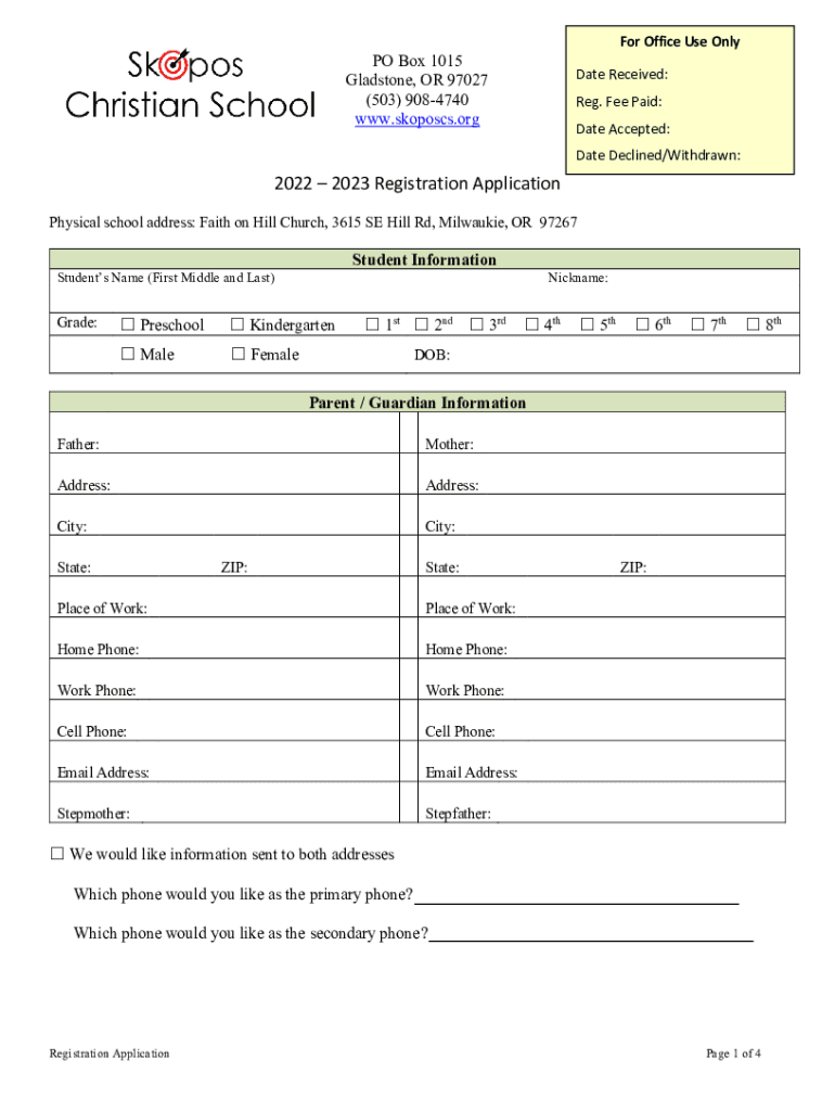 Or Skopos Christian School Registration Application  Form