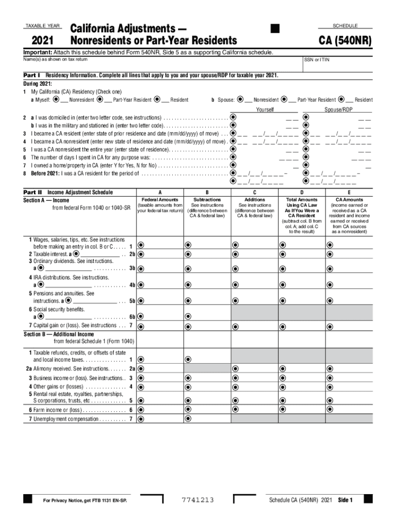  Schedule CA 540NR California Adjustments Nonresidents or Part Year Residents Schedule CA 540NR California Adjustments Nonresiden 2021-2024