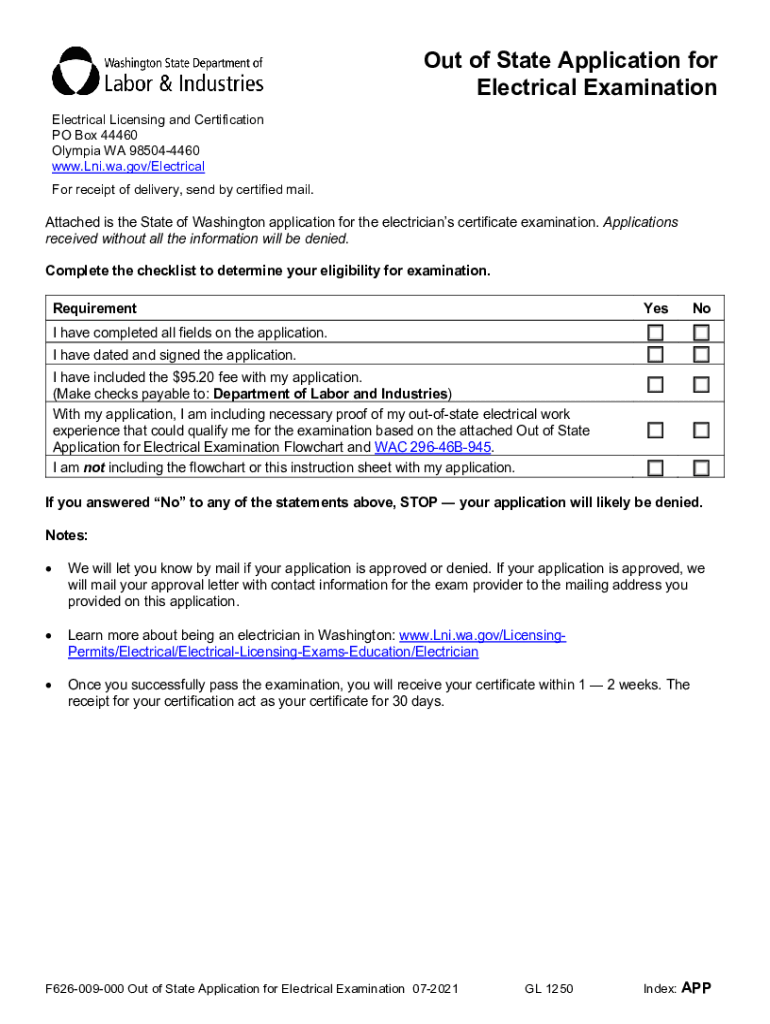 PDF Out of State Application for Electrical Examination F626 009 000  Form