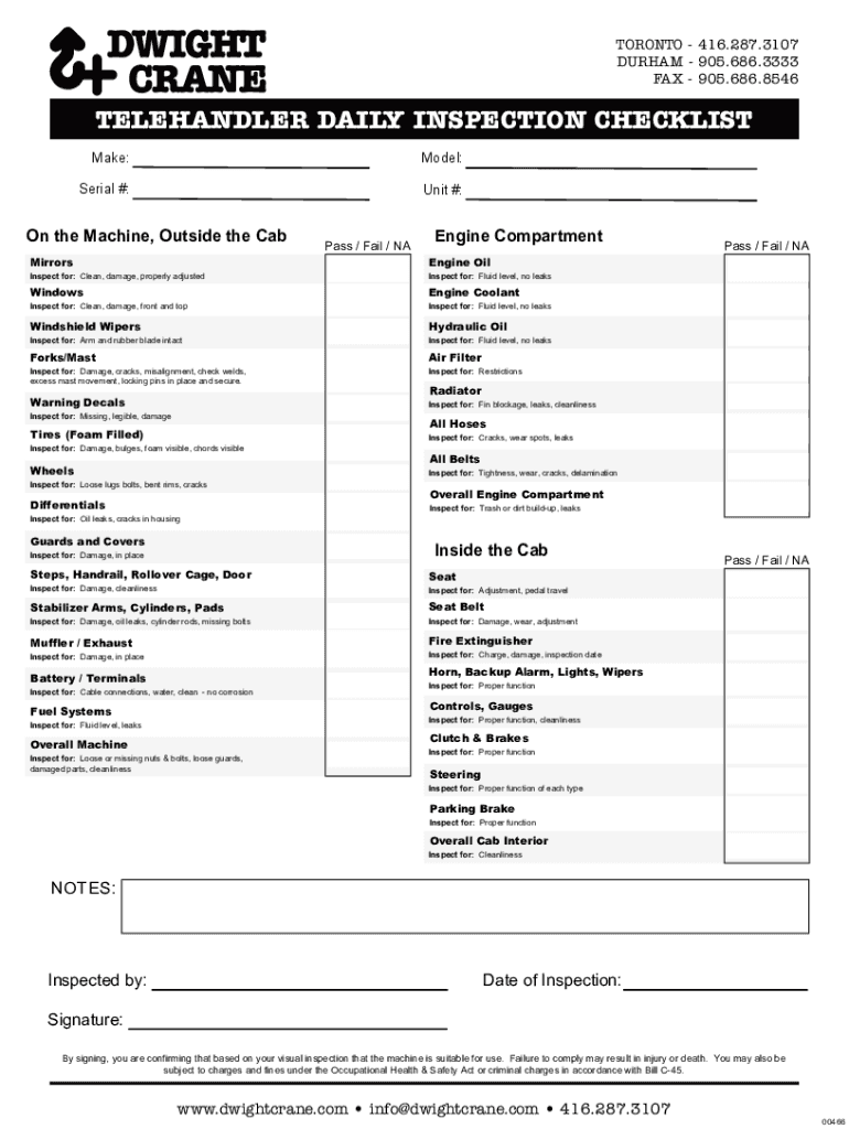  Telehandler Inspection Checklist PDF 2021-2024