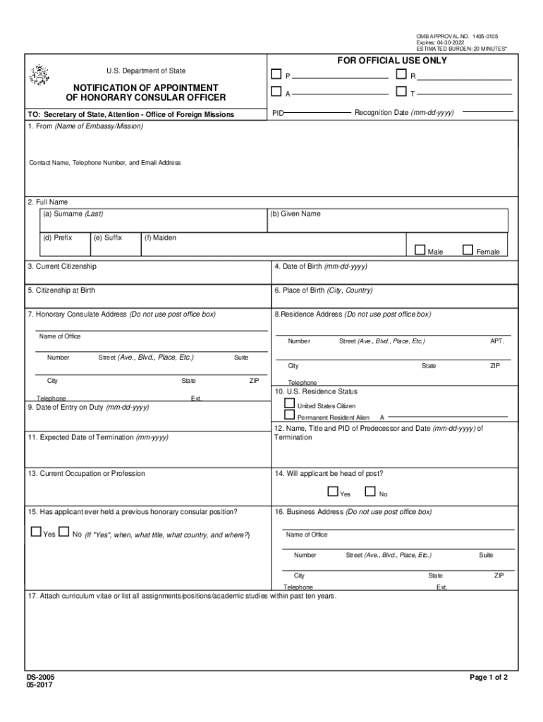 Fill Ionotification of Appointment of HonoraryFillable NOTIFICATION of APPOINTMENT of HONORARY CONSULAR  Form