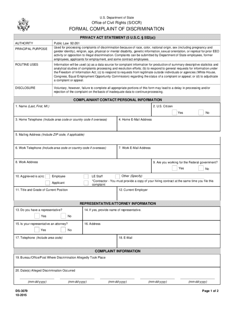 Eforms State GovFormsds3079INFORMATION CONCERNING the PROCESSING of YOUR COMPLAINT