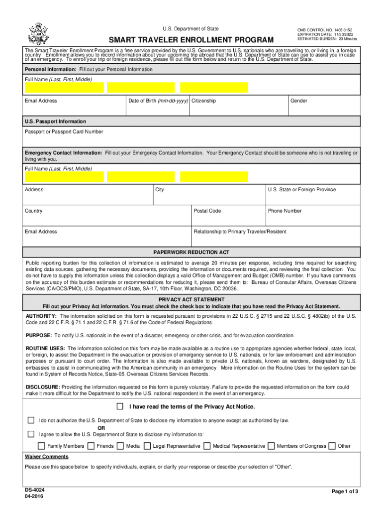 Dos Smart Traveler Enrollment  Form