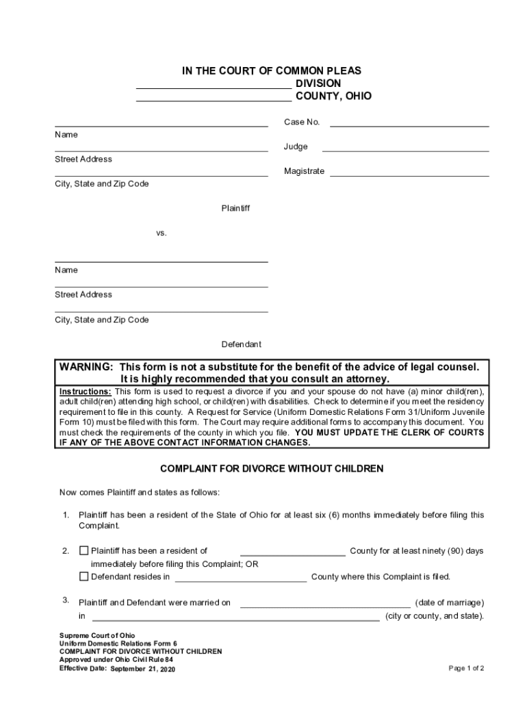 Uniform Domestic Relations Form 6 Complaint for Divorce Without Children