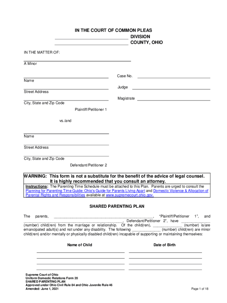 Ohio Shared Parenting Plan  Form