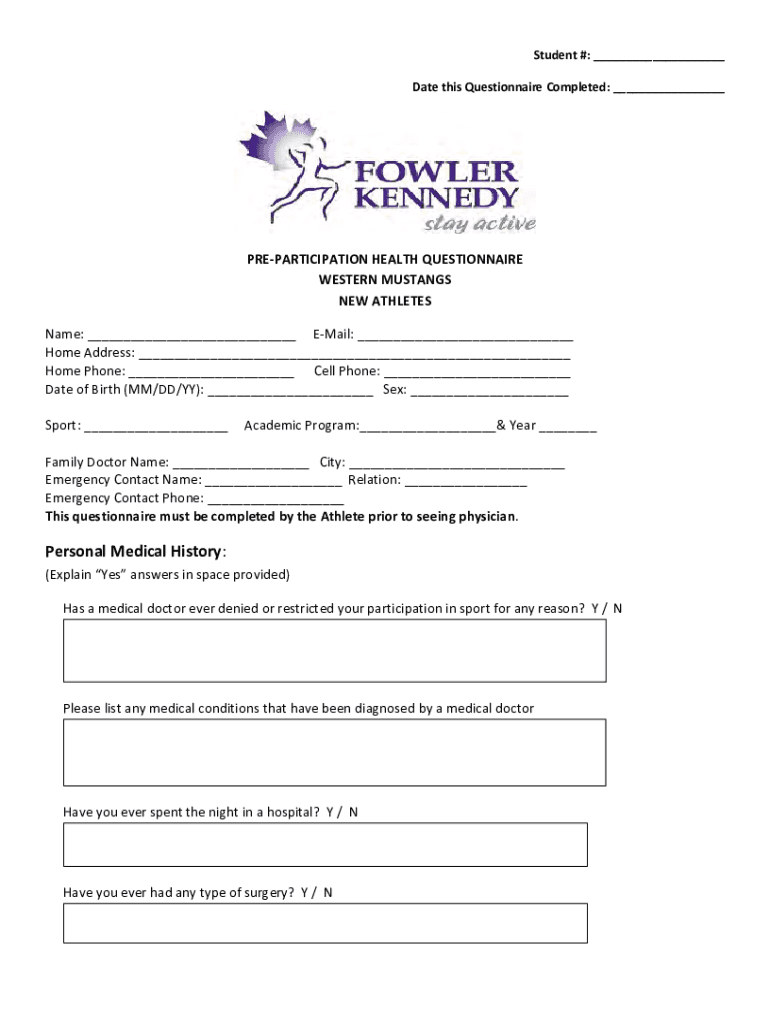 Canada Western Mustangs Pre Participation Health Questionnaire  Form