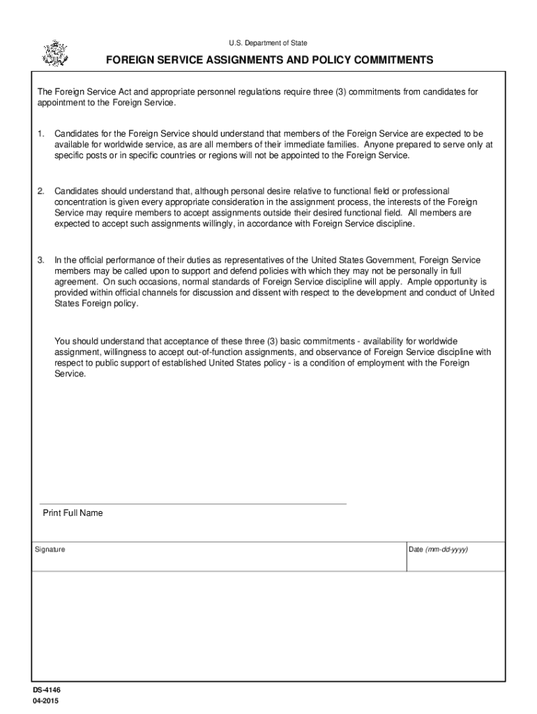 Eforms State GovFormsds4146DS 4146 Foreign Service Assignments and Policy Commitments