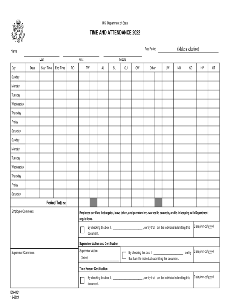 Eforms State GovFormsds4151TIME and ATTENDANCE United States Department of State