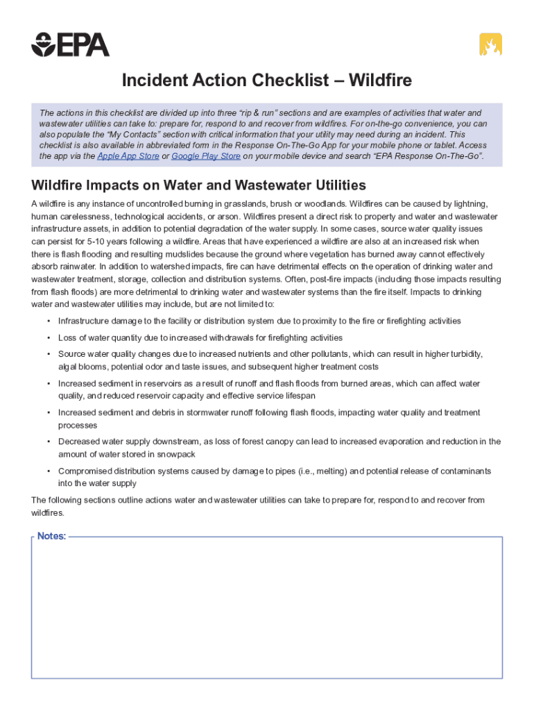 Water Sector Utility Incident Action ChecklistWildfire Examples of Activities that Water and Wastewater Utilities Can Take to Pr  Form