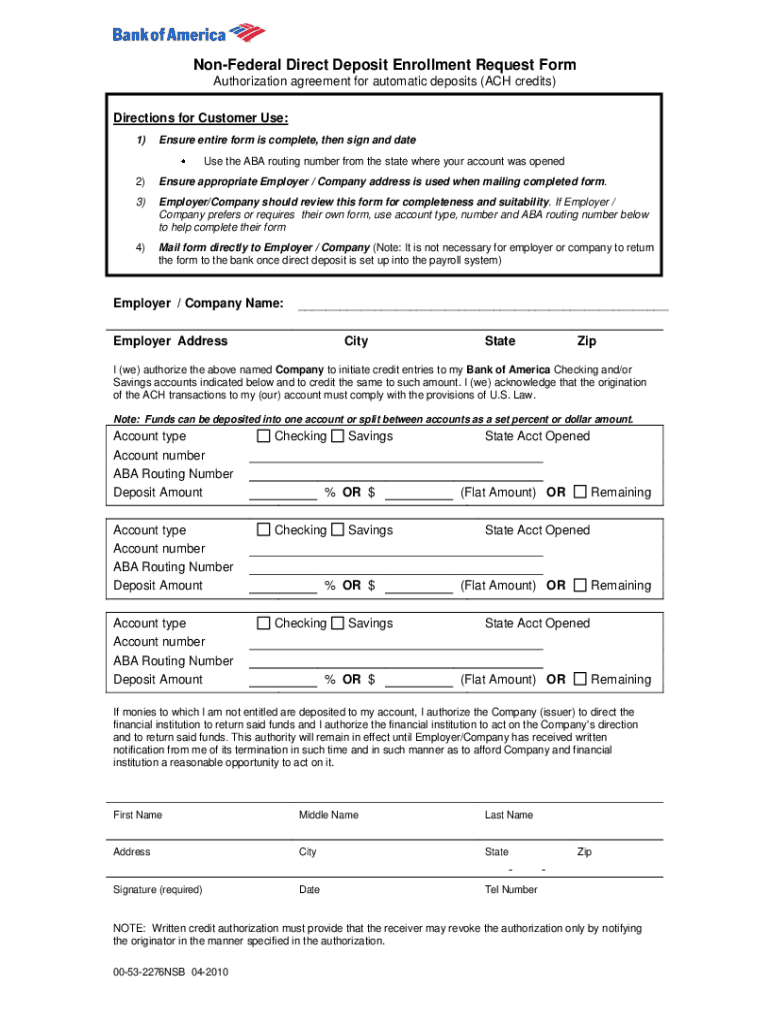  Www Bankofamerica Com PDF DocrepoNon Federal Direct Deposit Enrollment Request Form 2010-2024