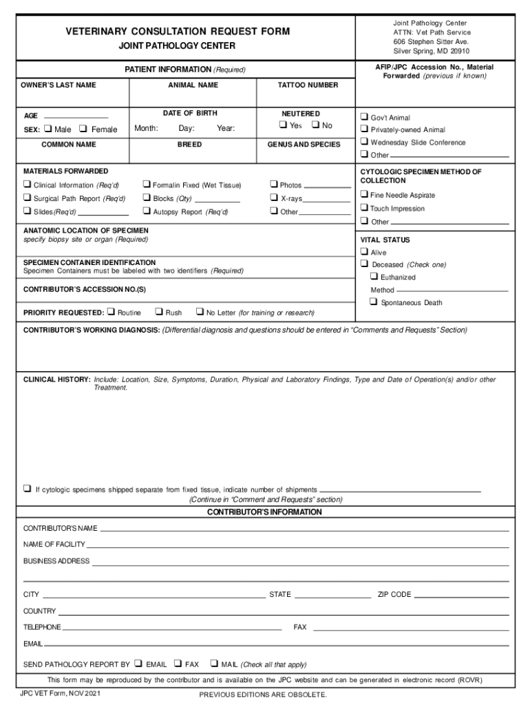 Veterinary Consultation Request Form the Joint Pathology Center