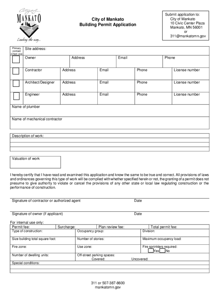  City of Mankato Building Permit Application 2020-2024