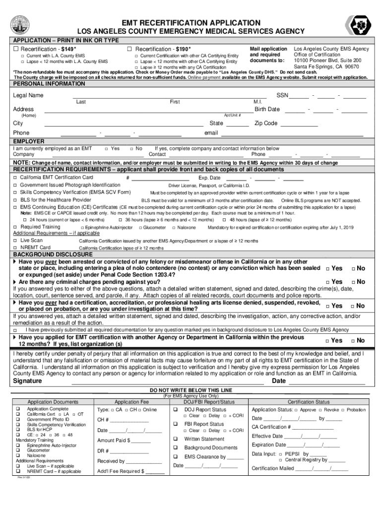 EMT RECERTIFICATION APPLICATION US Legal Forms