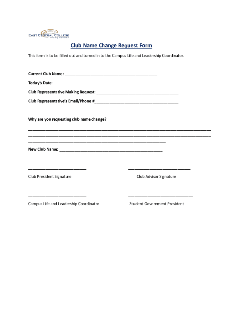 Club Name Change Request Form Eastcentral Edu
