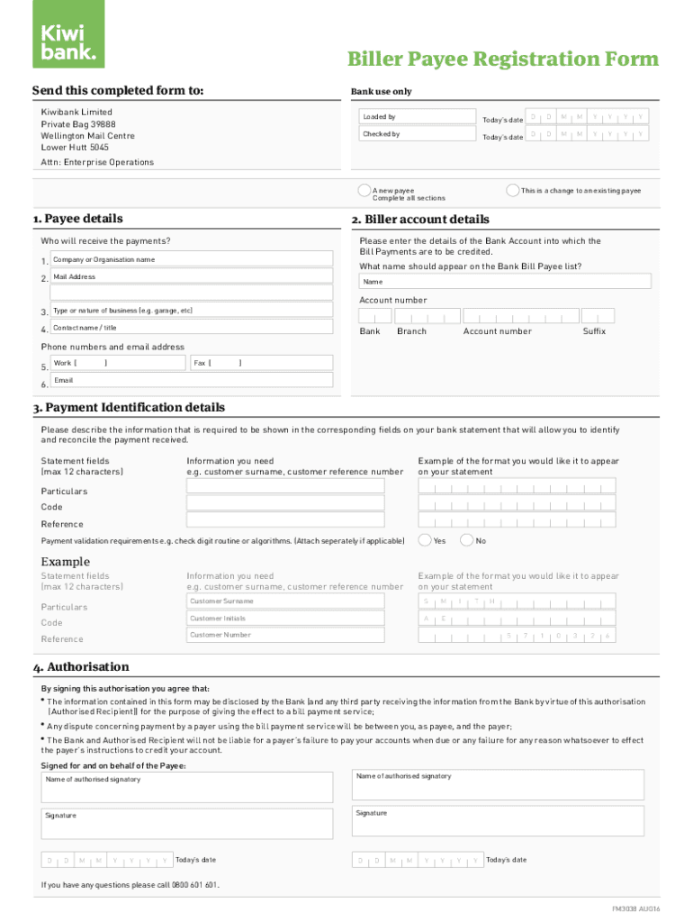  Fillable Online Bill Payee Registration Form Kiwibank 2016-2024
