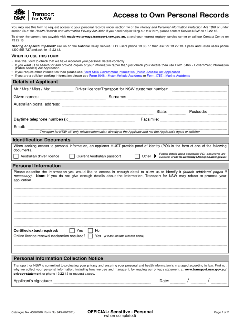 Nsw Access Personal Records  Form