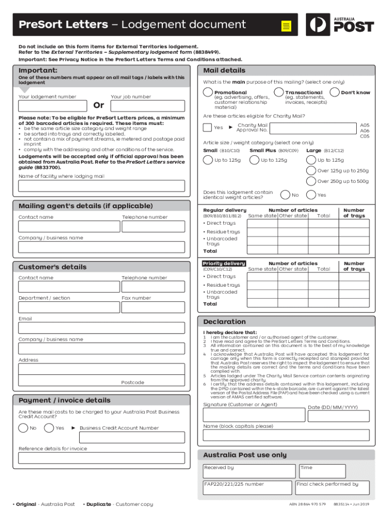 Presort Letters Lodgement Form Australia Post Fill and