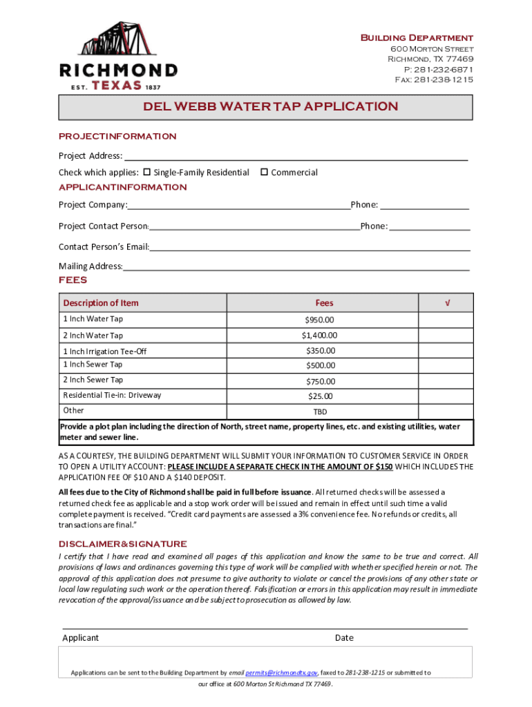 DEL WEBB WATER TAP APPLICATION  Form