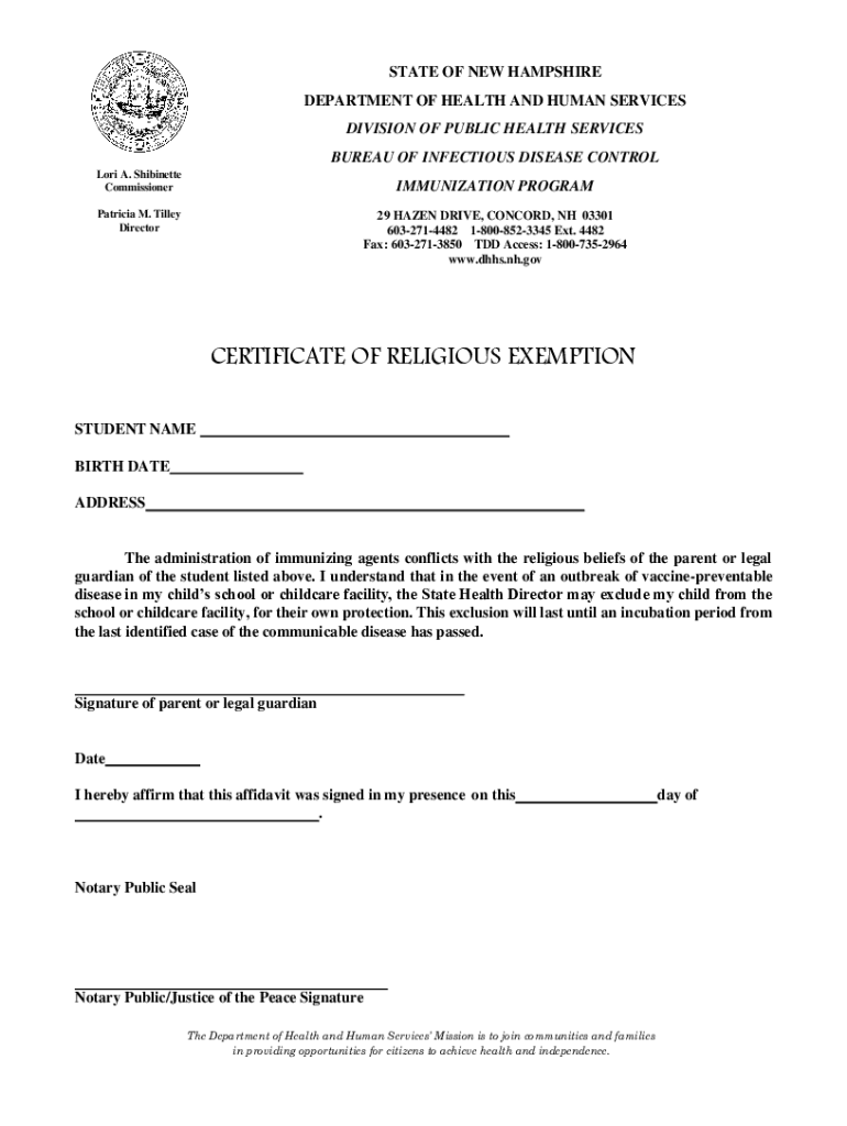 Certificate Religious Exemption Immunization  Form