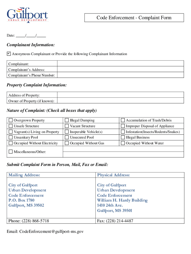 Complaint Form Code Enforcement City of Gulfport