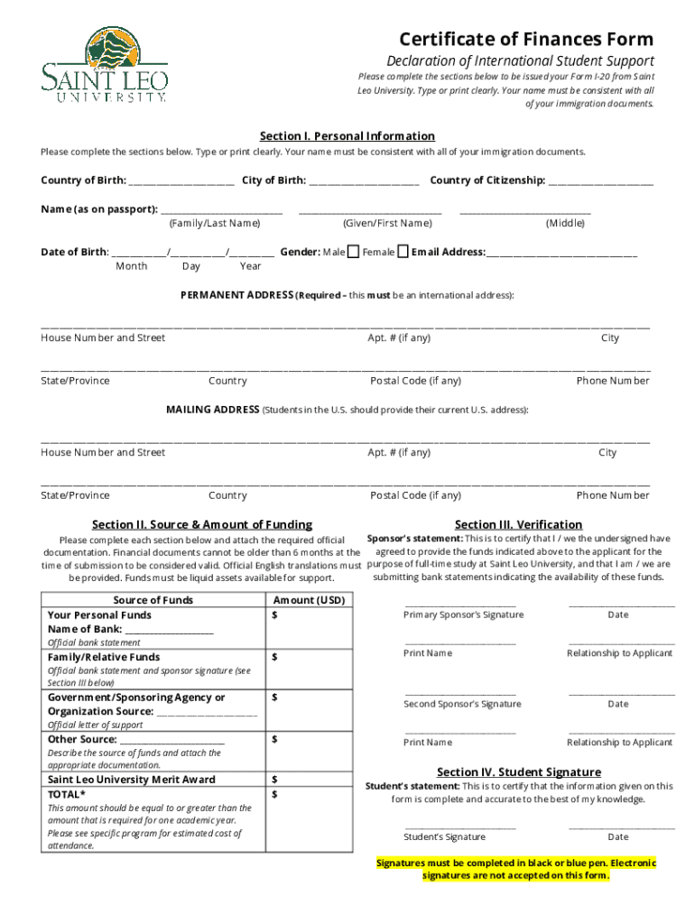 Certificate of Finances Form