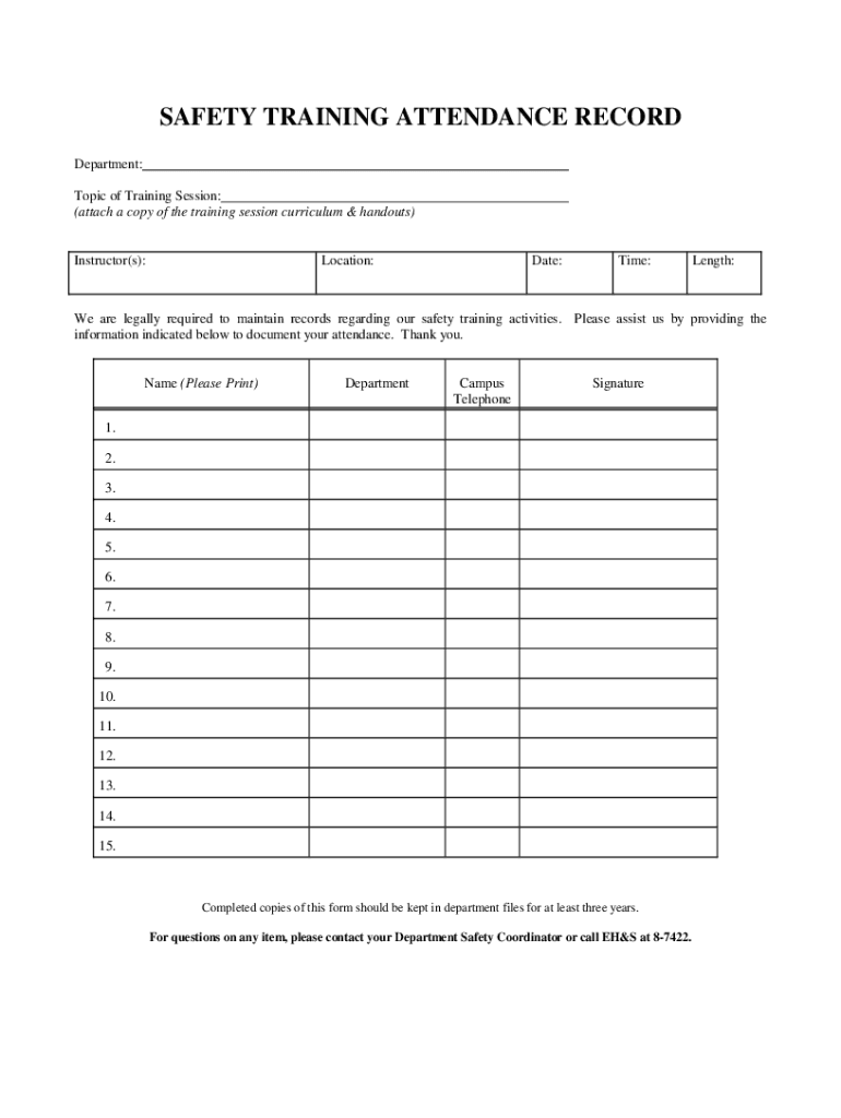 Ehs Berkeley EdusitesdefaultSAFETY TRAINING ATTENDANCE RECORD University of California  Form