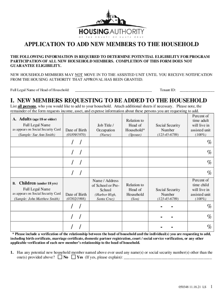 Application to Add New Members to the Household Housing  Form