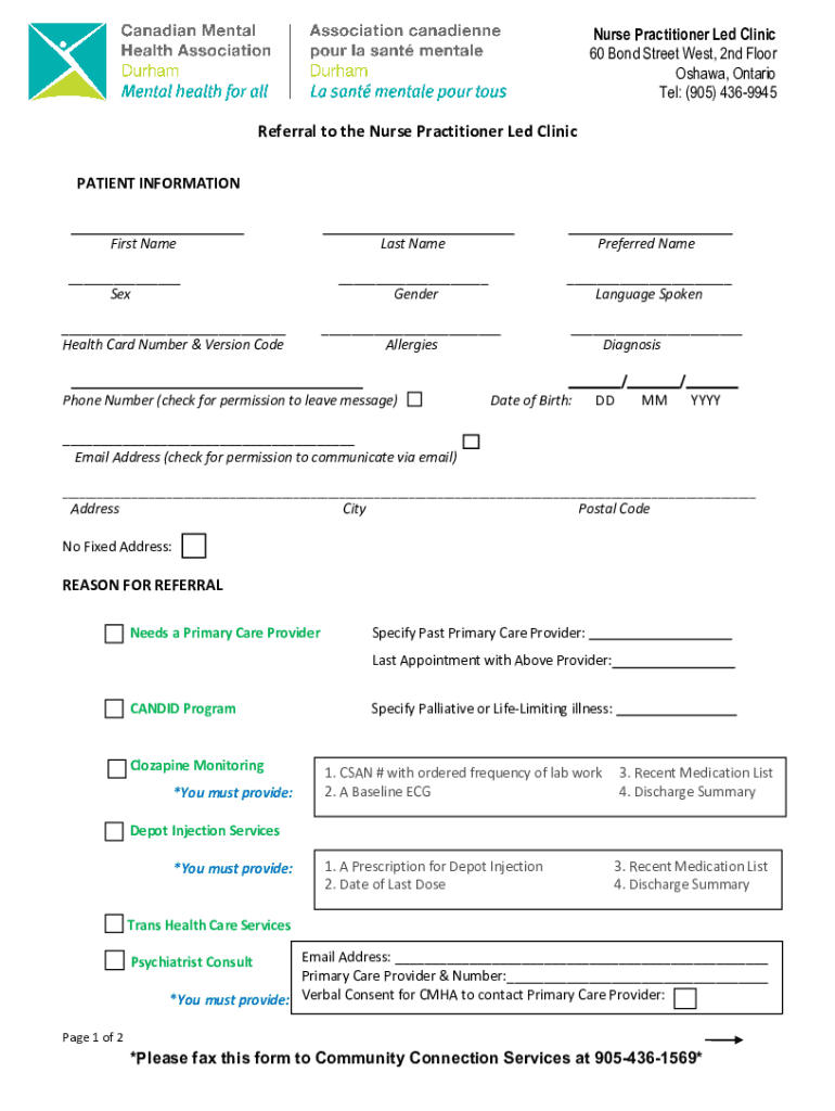 Cmhadurham Canurse Practitioner Led ClinicNurse Practitioner Led Clinic CMHA Durham  Form