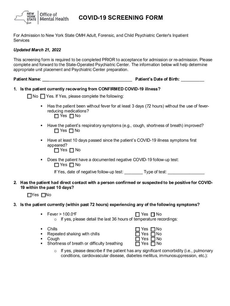 Omh Ny GovomhwebguidanceCOVID 19 SCREENING FORM New York State Office of Mental