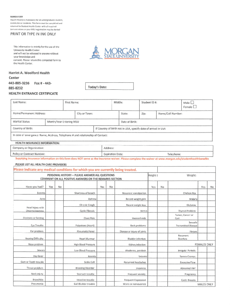 Morgan State University Health Entrance Certificate  Form