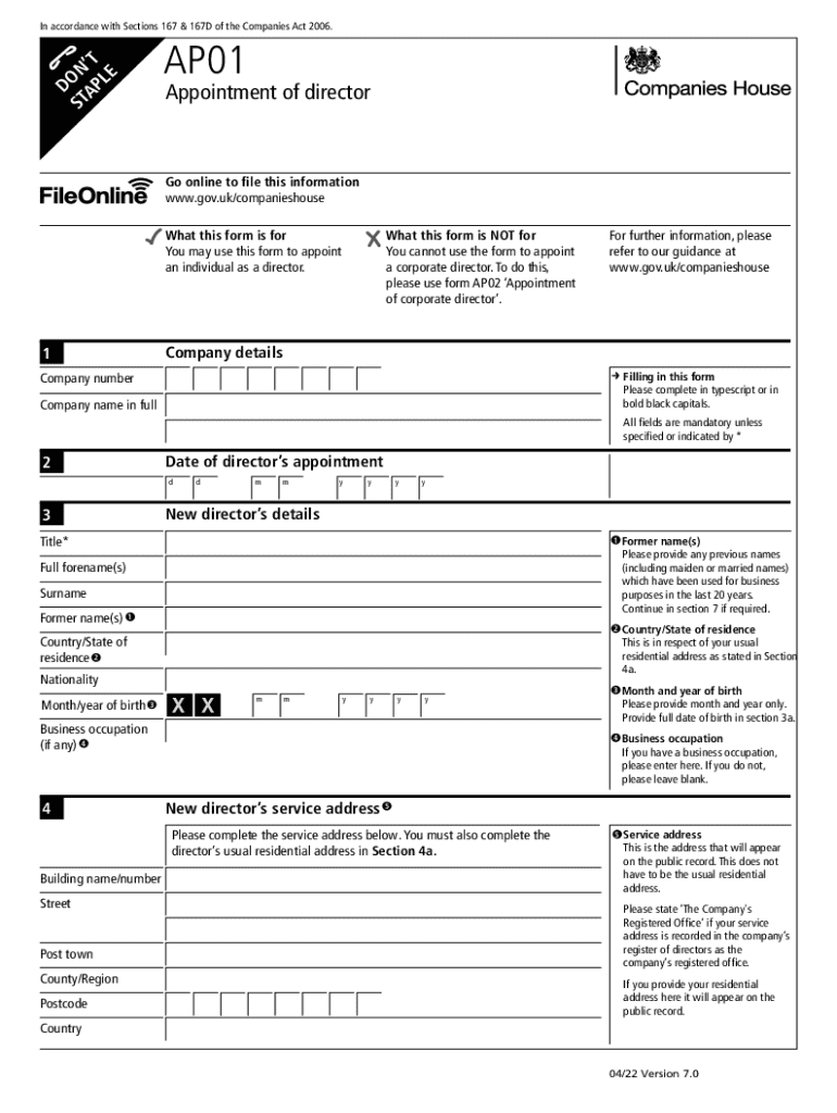 AP01 Appointment of a Director What This Form is For?You May Use This Form to Appoint an Individual as a Director